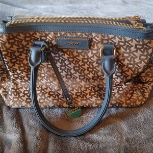 DKNY purse. Tan/Brown w Blue-Gray trim